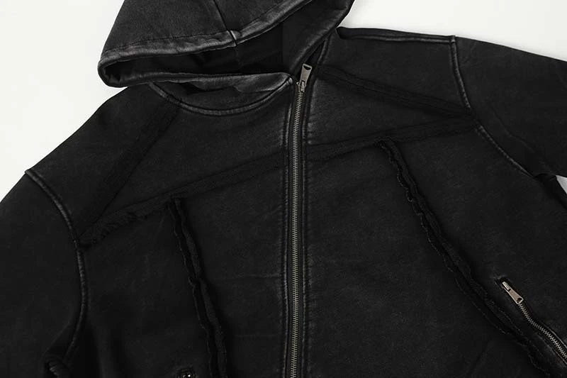 American Retro High Street Hoodie Y2k Asymmetrical Zip Up Hoodie Sweatshirt Autumn Winter Men's Loose Hooded Jacket Streetwear