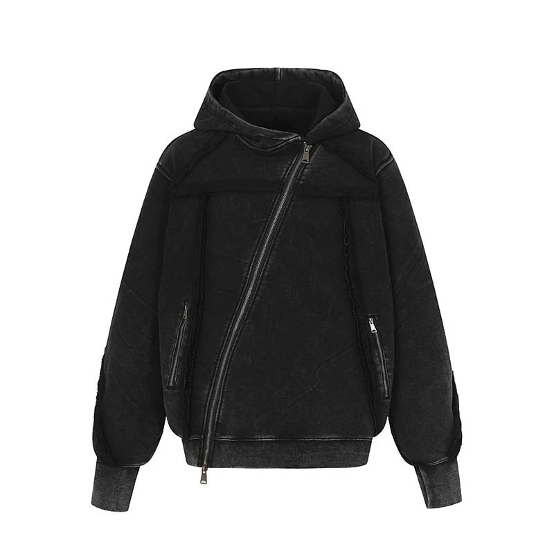 American Retro High Street Hoodie Y2k Asymmetrical Zip Up Hoodie Sweatshirt Autumn Winter Men's Loose Hooded Jacket Streetwear
