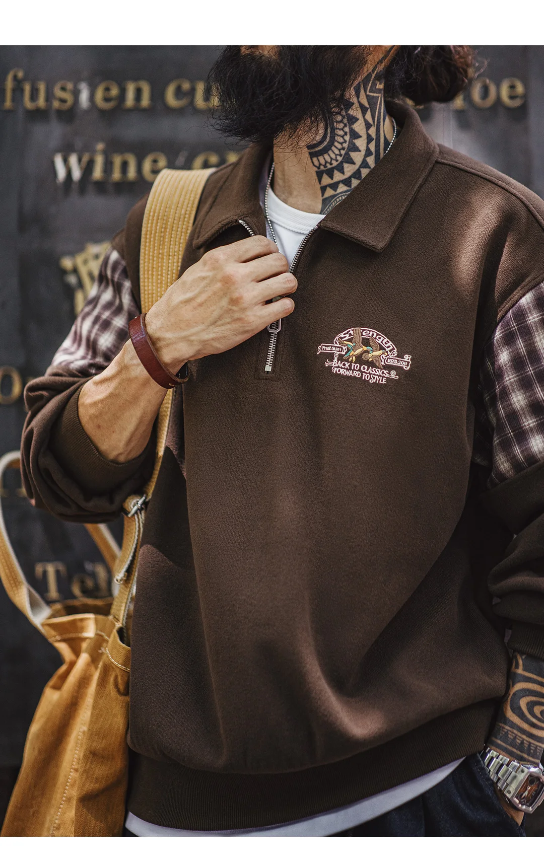 Maden Vintage Half-Zip Sweatshirt Men Brown American Casual Retro Color Block Embroidered Pullover Sweatshirt Outerwear Fall