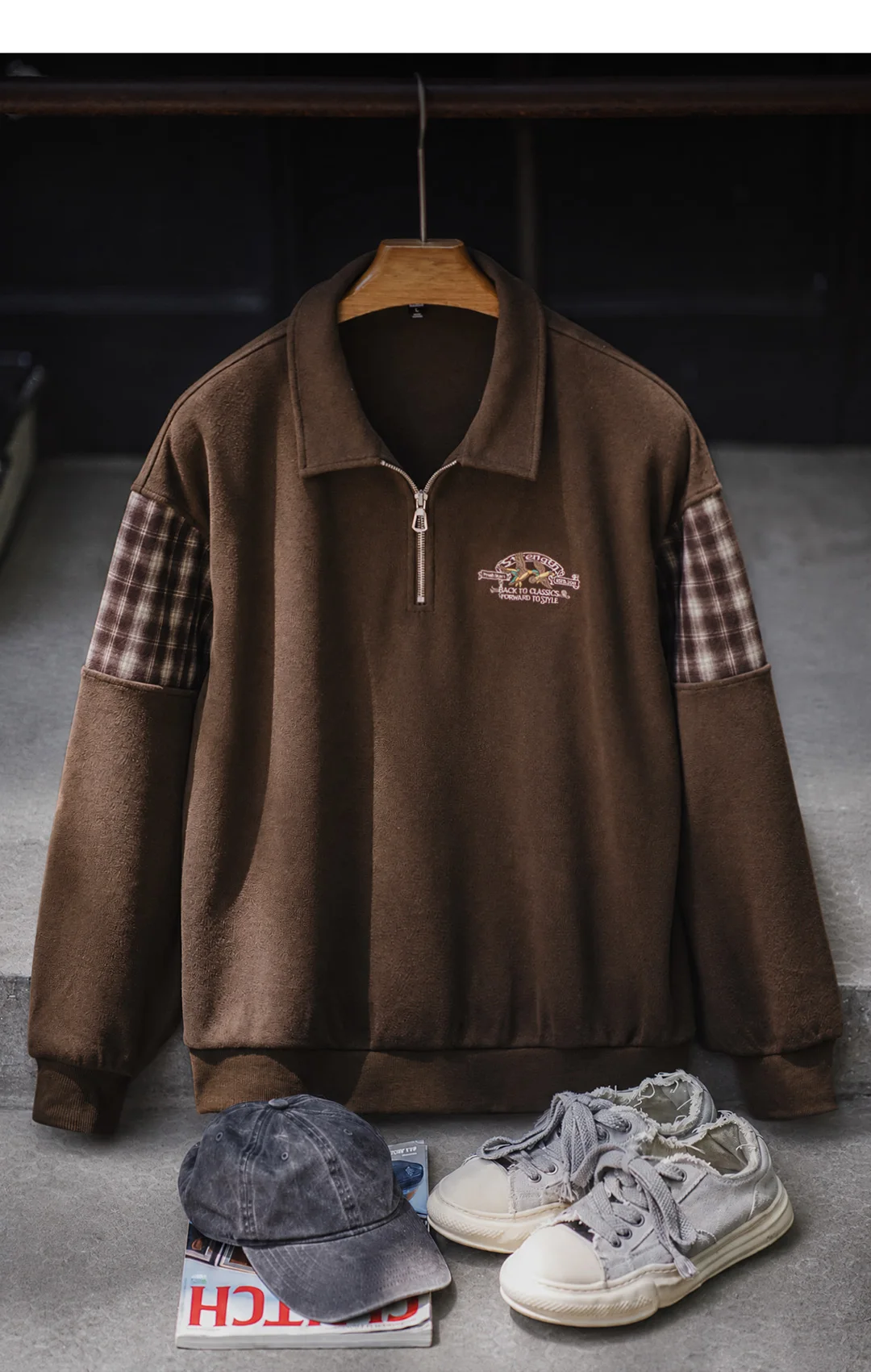 Maden Vintage Half-Zip Sweatshirt Men Brown American Casual Retro Color Block Embroidered Pullover Sweatshirt Outerwear Fall