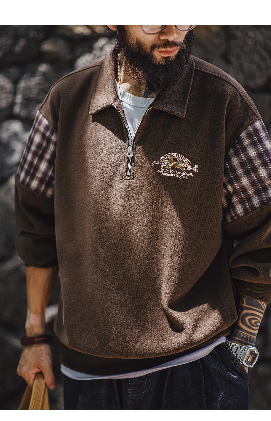 Maden Vintage Half-Zip Sweatshirt Men Brown American Casual Retro Color Block Embroidered Pullover Sweatshirt Outerwear Fall