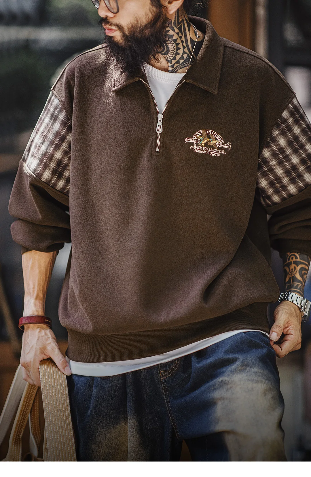 Maden Vintage Half-Zip Sweatshirt Men Brown American Casual Retro Color Block Embroidered Pullover Sweatshirt Outerwear Fall