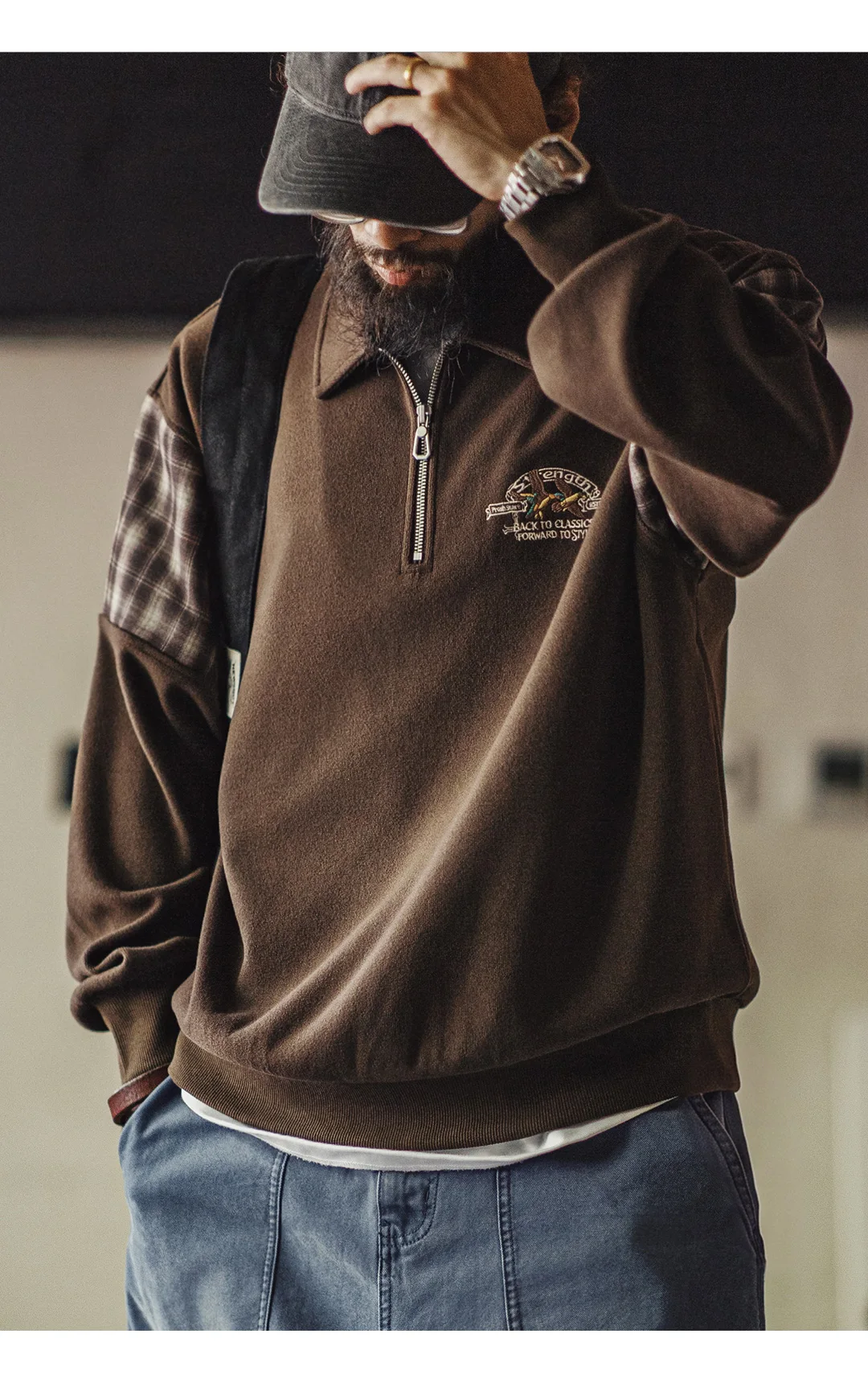 Maden Vintage Half-Zip Sweatshirt Men Brown American Casual Retro Color Block Embroidered Pullover Sweatshirt Outerwear Fall
