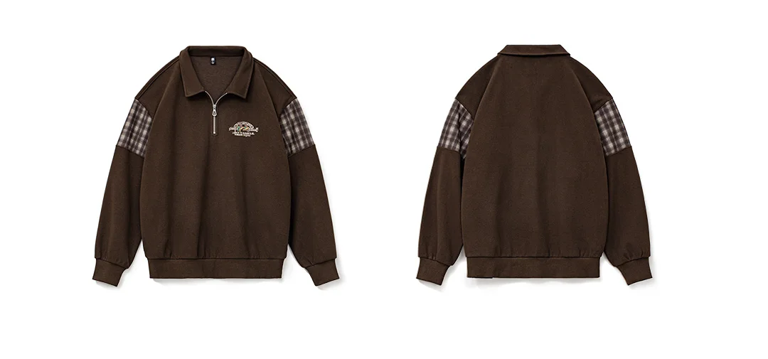 Maden Vintage Half-Zip Sweatshirt Men Brown American Casual Retro Color Block Embroidered Pullover Sweatshirt Outerwear Fall