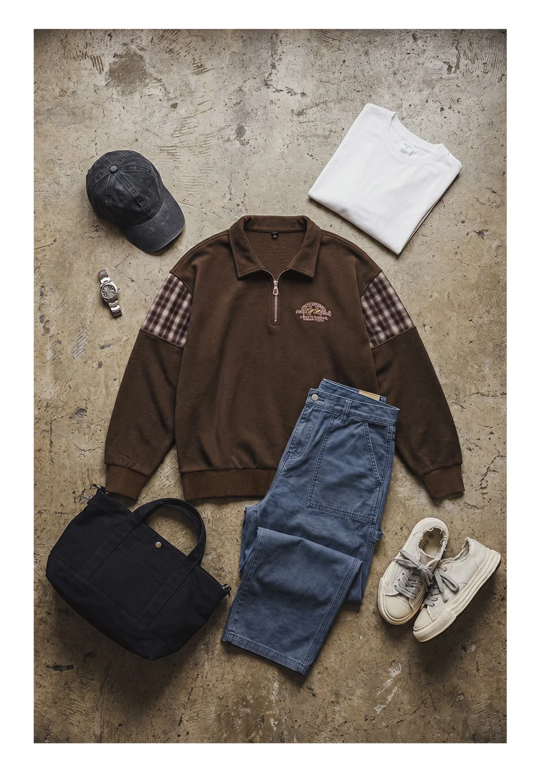Maden Vintage Half-Zip Sweatshirt Men Brown American Casual Retro Color Block Embroidered Pullover Sweatshirt Outerwear Fall
