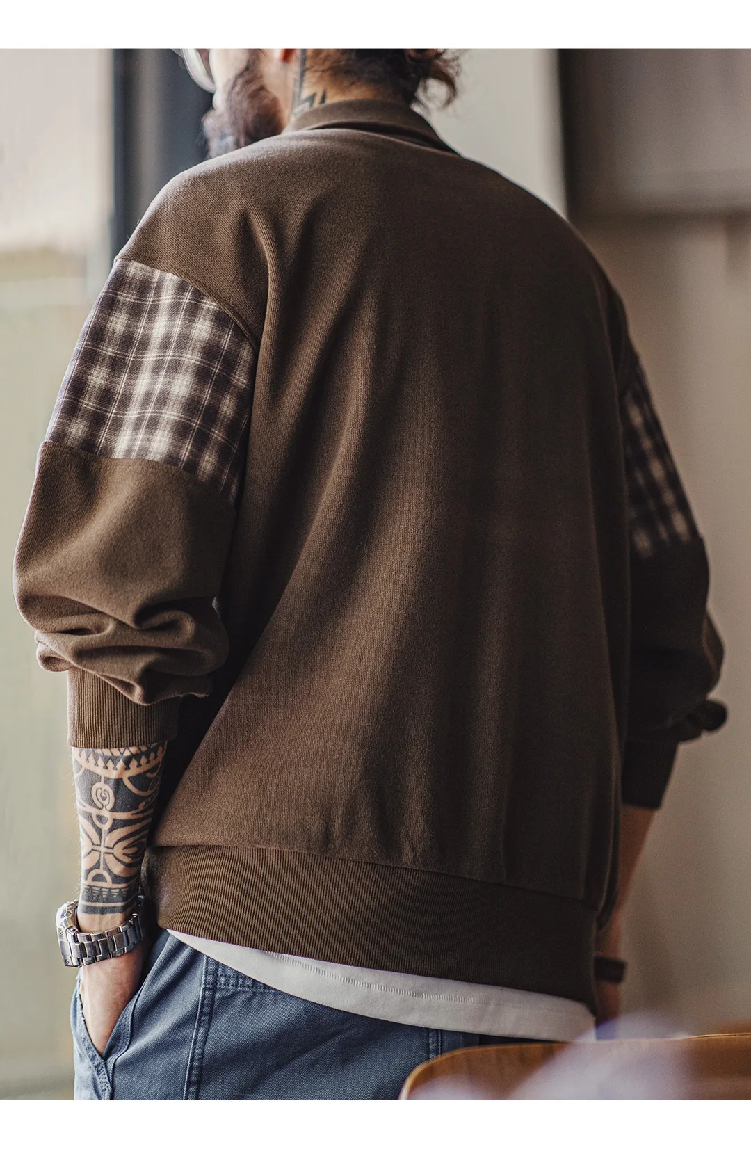 Maden Vintage Half-Zip Sweatshirt Men Brown American Casual Retro Color Block Embroidered Pullover Sweatshirt Outerwear Fall