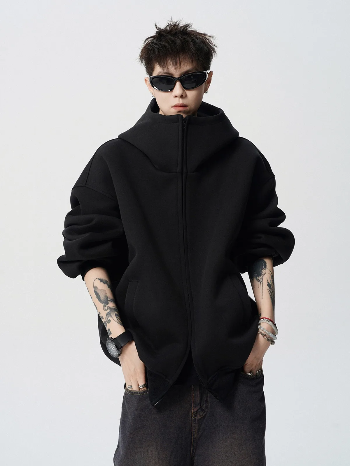 2026 Autumn Winter New Men's Casual High Collar Hoodie Korean Fashion Harajuku High Street Loose Zipper Hooded Jacket Streetwear
