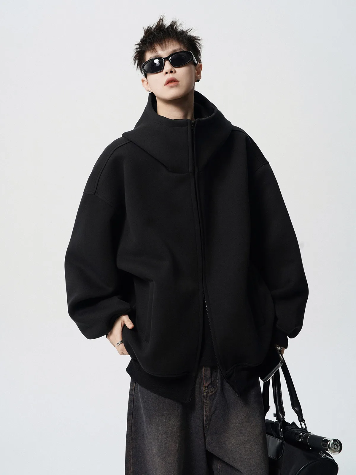 2026 Autumn Winter New Men's Casual High Collar Hoodie Korean Fashion Harajuku High Street Loose Zipper Hooded Jacket Streetwear