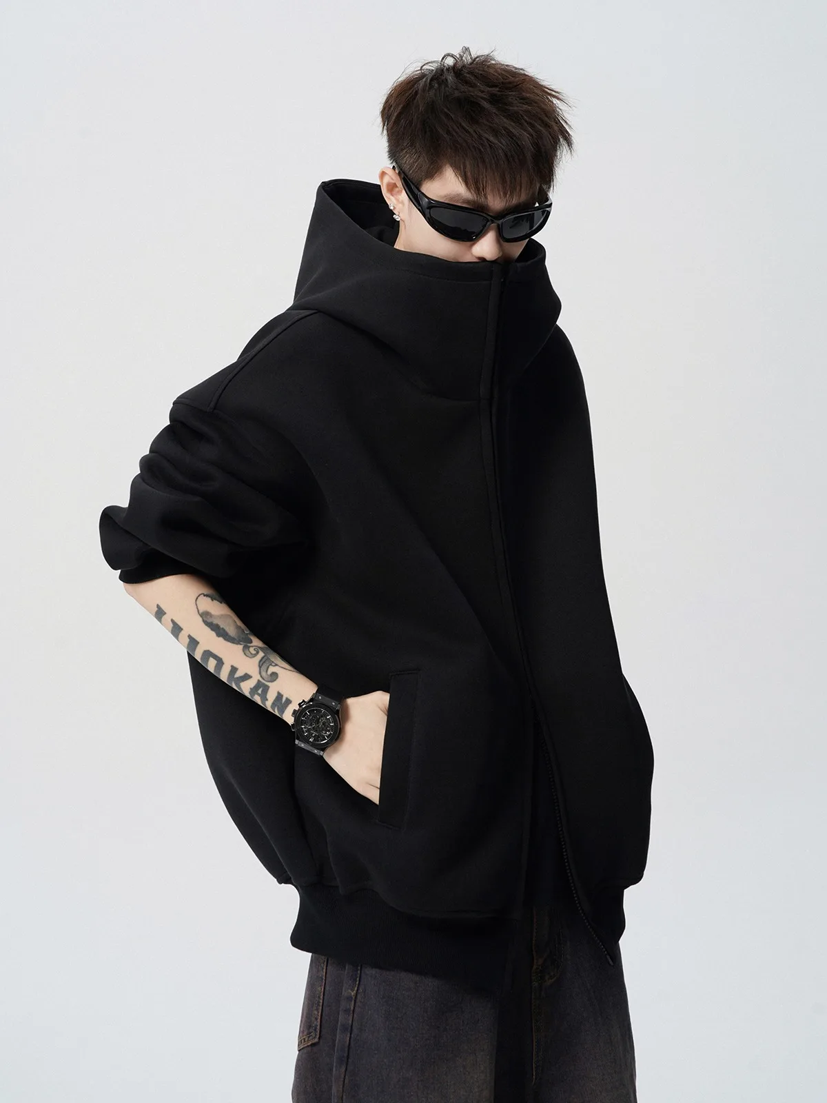 2026 Autumn Winter New Men's Casual High Collar Hoodie Korean Fashion Harajuku High Street Loose Zipper Hooded Jacket Streetwear