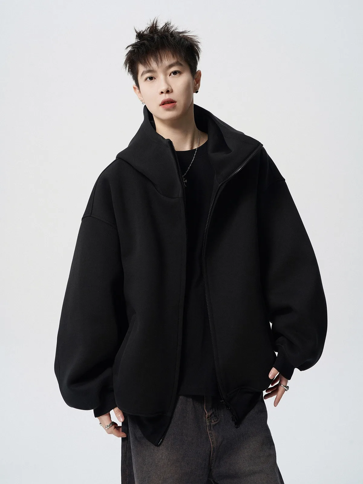 2026 Autumn Winter New Men's Casual High Collar Hoodie Korean Fashion Harajuku High Street Loose Zipper Hooded Jacket Streetwear