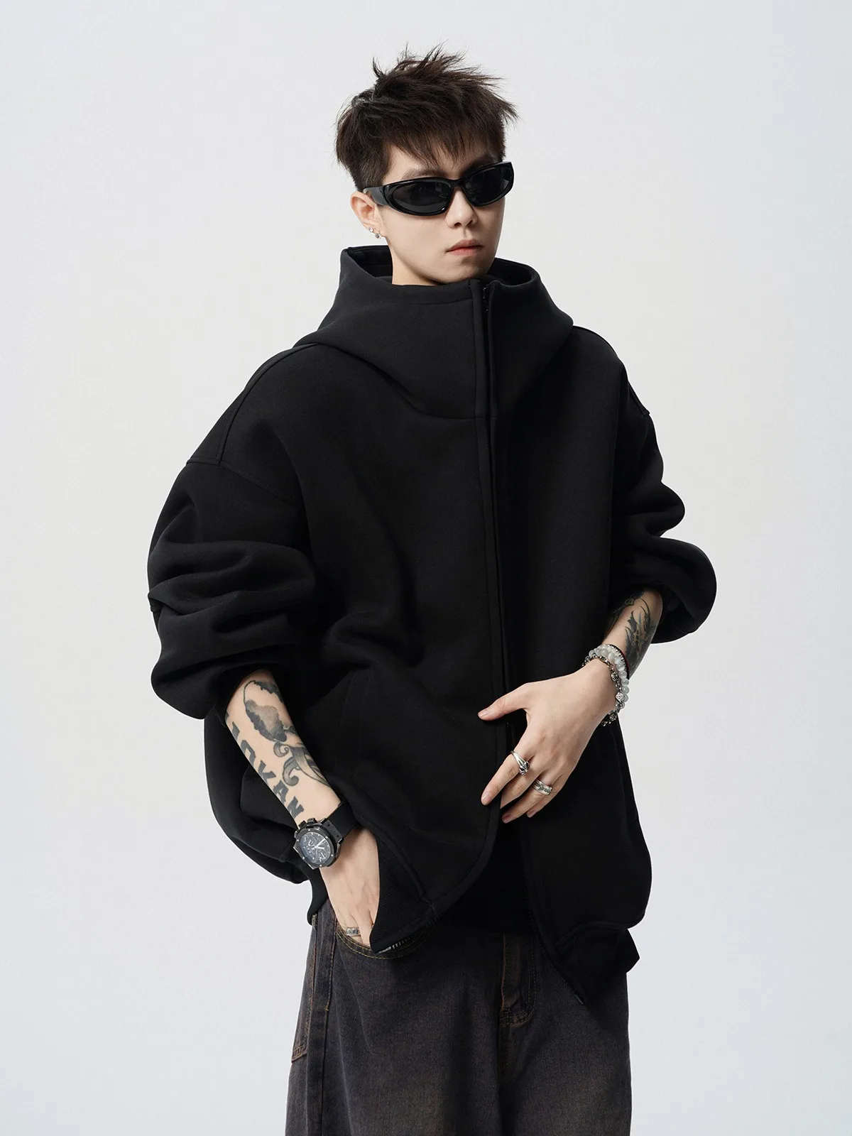 2026 Autumn Winter New Men's Casual High Collar Hoodie Korean Fashion Harajuku High Street Loose Zipper Hooded Jacket Streetwear