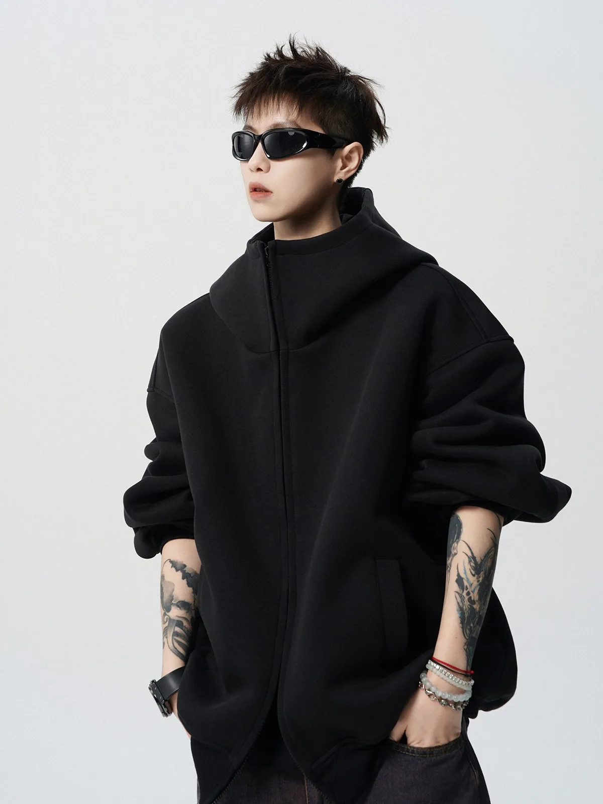 2026 Autumn Winter New Men's Casual High Collar Hoodie Korean Fashion Harajuku High Street Loose Zipper Hooded Jacket Streetwear