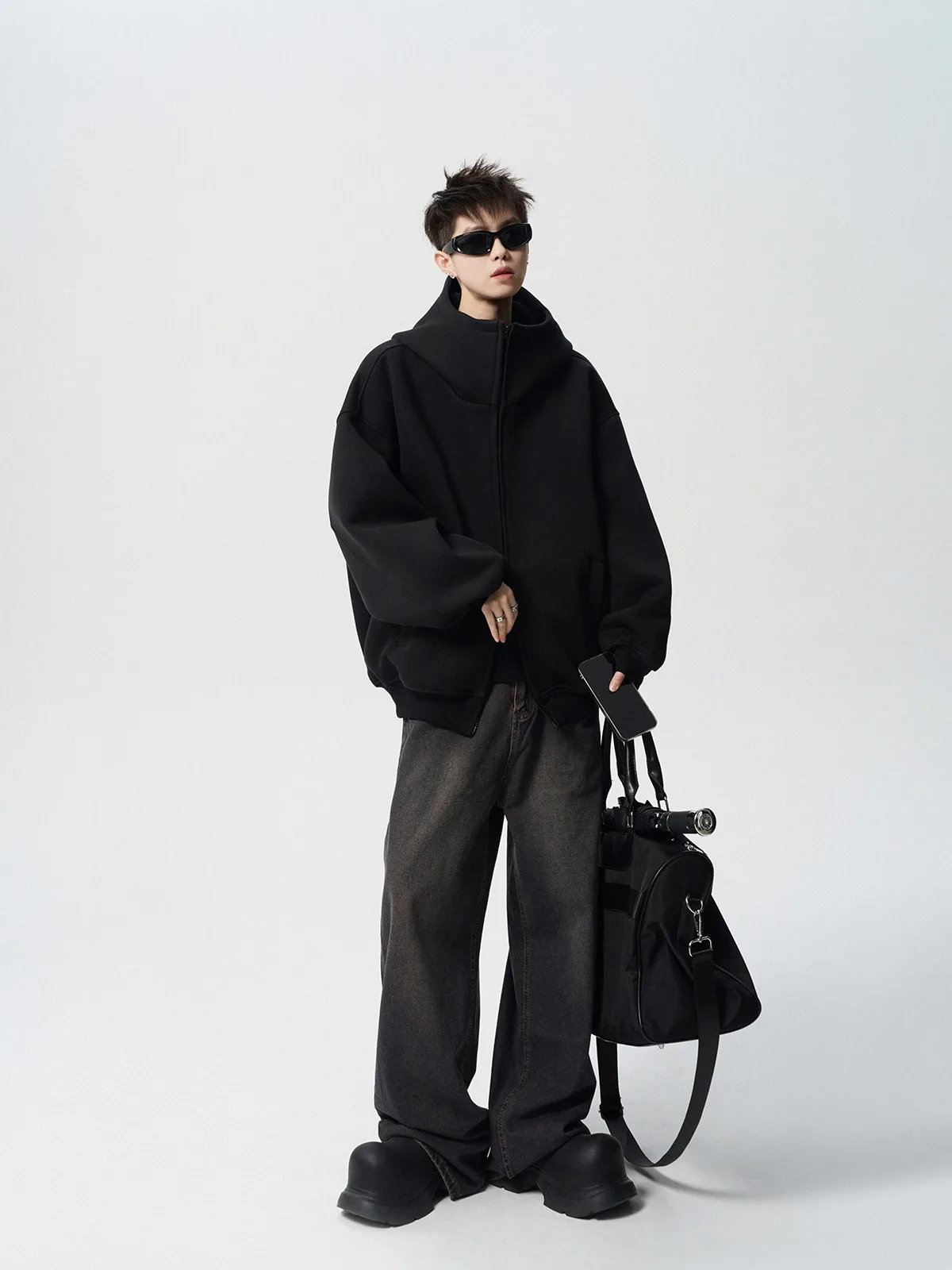 2026 Autumn Winter New Men's Casual High Collar Hoodie Korean Fashion Harajuku High Street Loose Zipper Hooded Jacket Streetwear