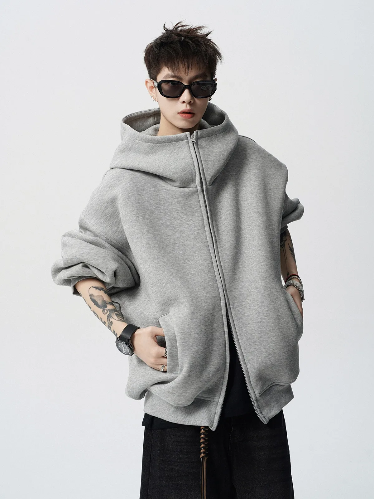 2026 Autumn Winter New Men's Casual High Collar Hoodie Korean Fashion Harajuku High Street Loose Zipper Hooded Jacket Streetwear