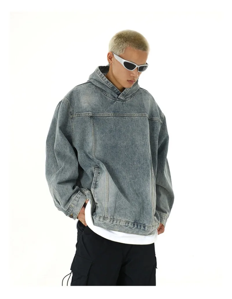 Men Retro Washed Denim Hoodie Korean Fashion Harajuku Casual Loose Hooded Pullover Coat Japanese Streetwear Men Clothing