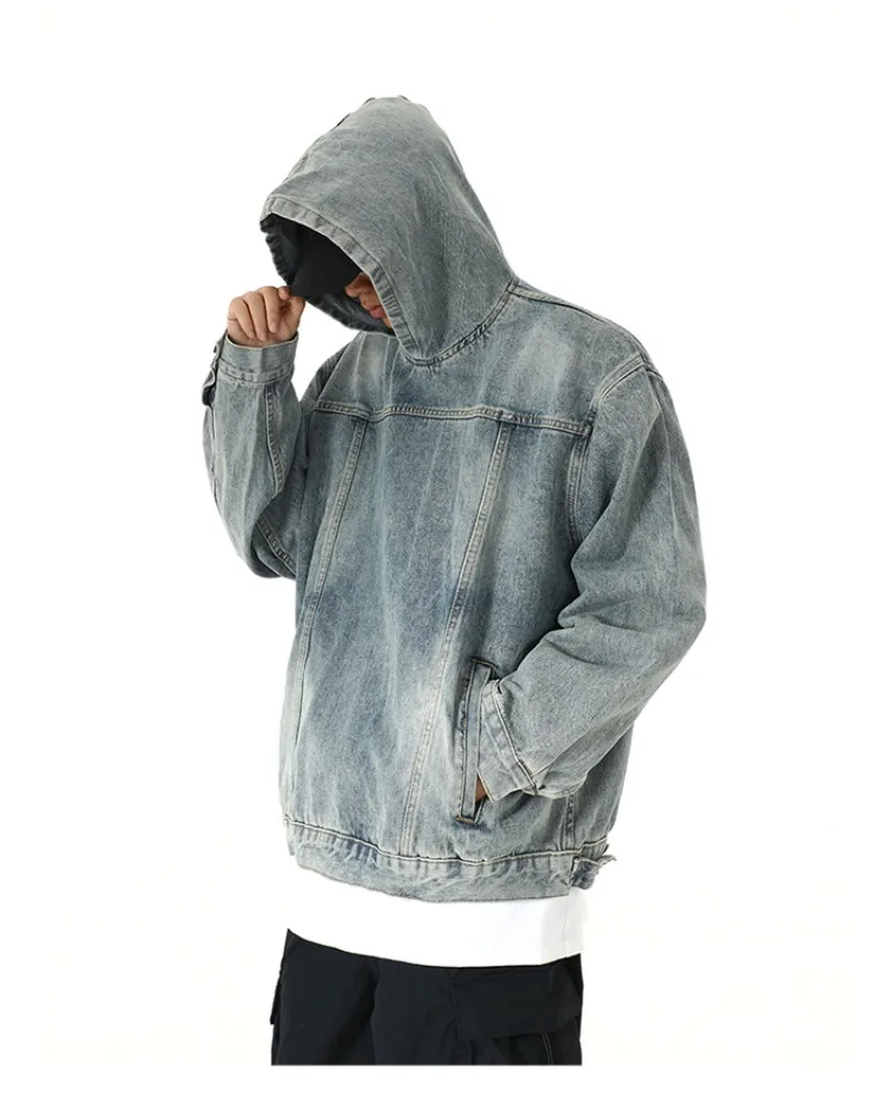 Men Retro Washed Denim Hoodie Korean Fashion Harajuku Casual Loose Hooded Pullover Coat Japanese Streetwear Men Clothing