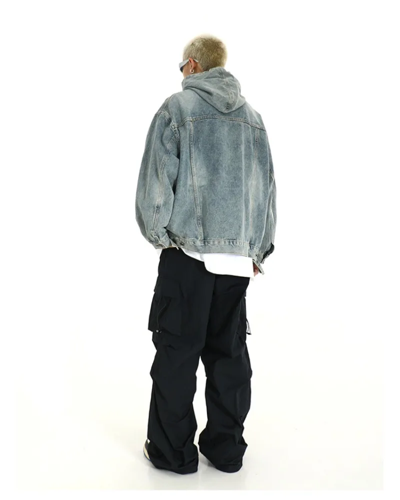 Men Retro Washed Denim Hoodie Korean Fashion Harajuku Casual Loose Hooded Pullover Coat Japanese Streetwear Men Clothing