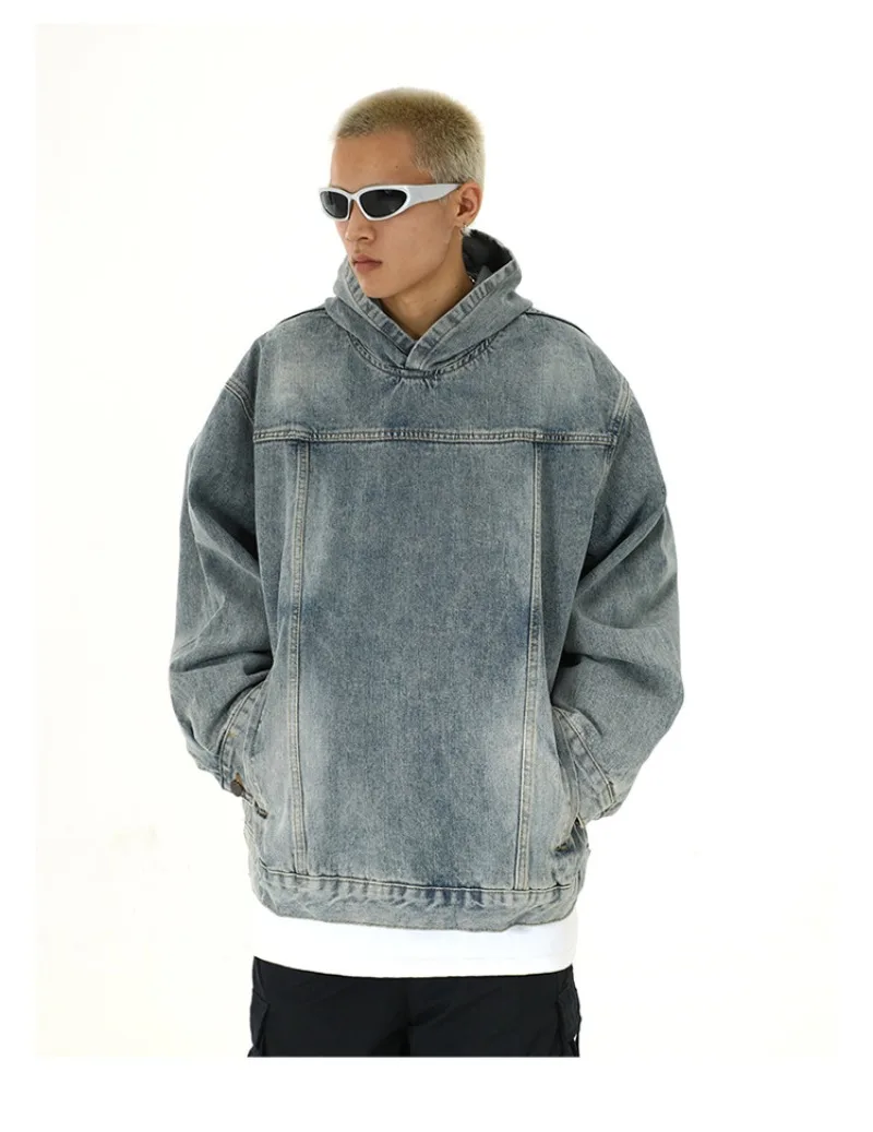 Men Retro Washed Denim Hoodie Korean Fashion Harajuku Casual Loose Hooded Pullover Coat Japanese Streetwear Men Clothing