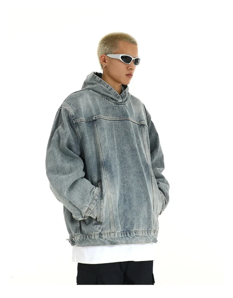 Men Retro Washed Denim Hoodie Korean Fashion Harajuku Casual Loose Hooded Pullover Coat Japanese Streetwear Men Clothing