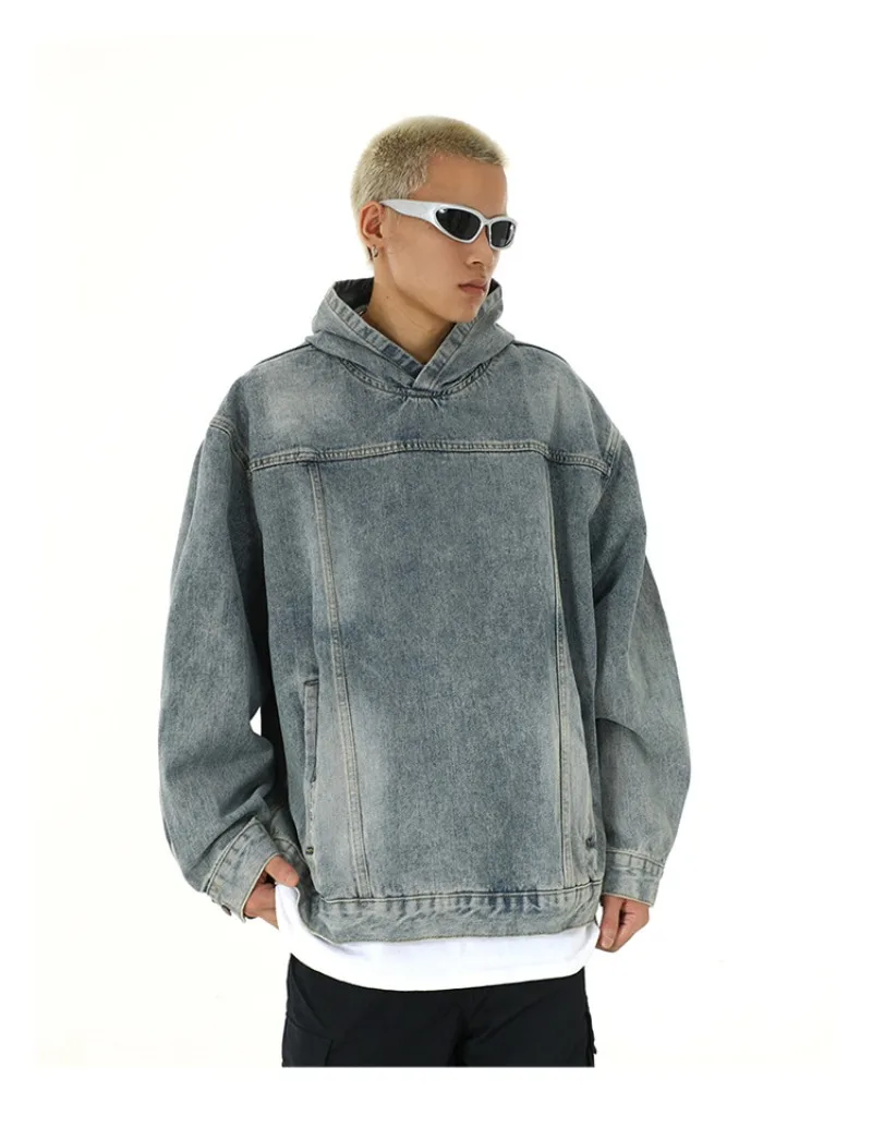 Men Retro Washed Denim Hoodie Korean Fashion Harajuku Casual Loose Hooded Pullover Coat Japanese Streetwear Men Clothing