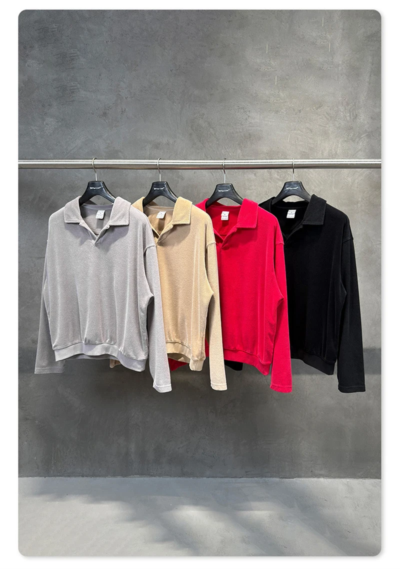 ZODF Trendy Men 380gsm V Neck Polo Collar Sweatshirt Unisex Washed Fire Snowflake Old Money Style Pullovers HY1322