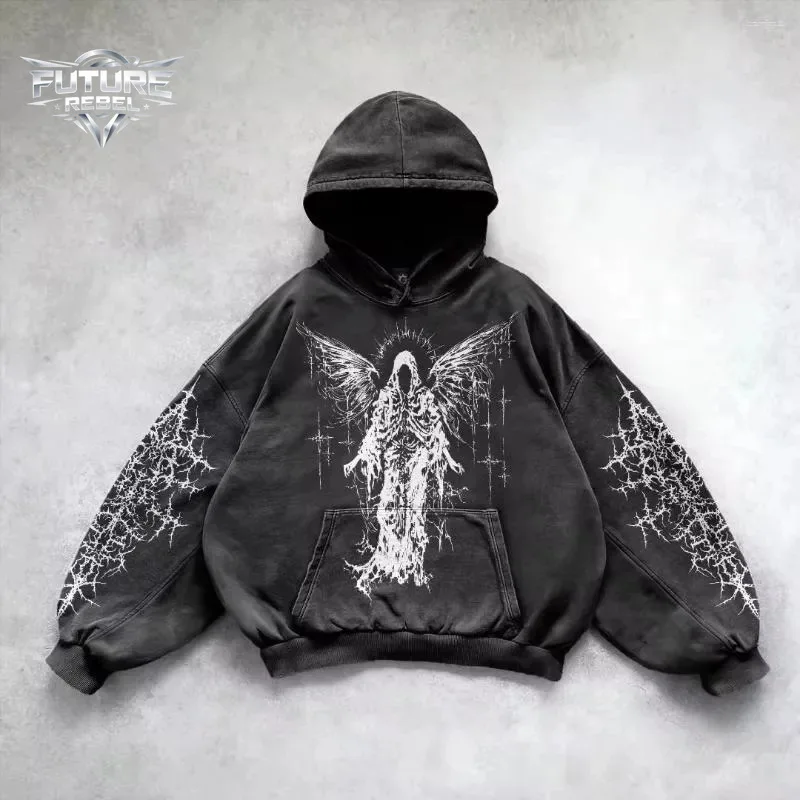 High Street Gothic Washed Black Hoodie Unisex Y2k Grunge Dark Streetwear Hip Hop Loose Casual Pullover Harajuku Sweatshirt Tops