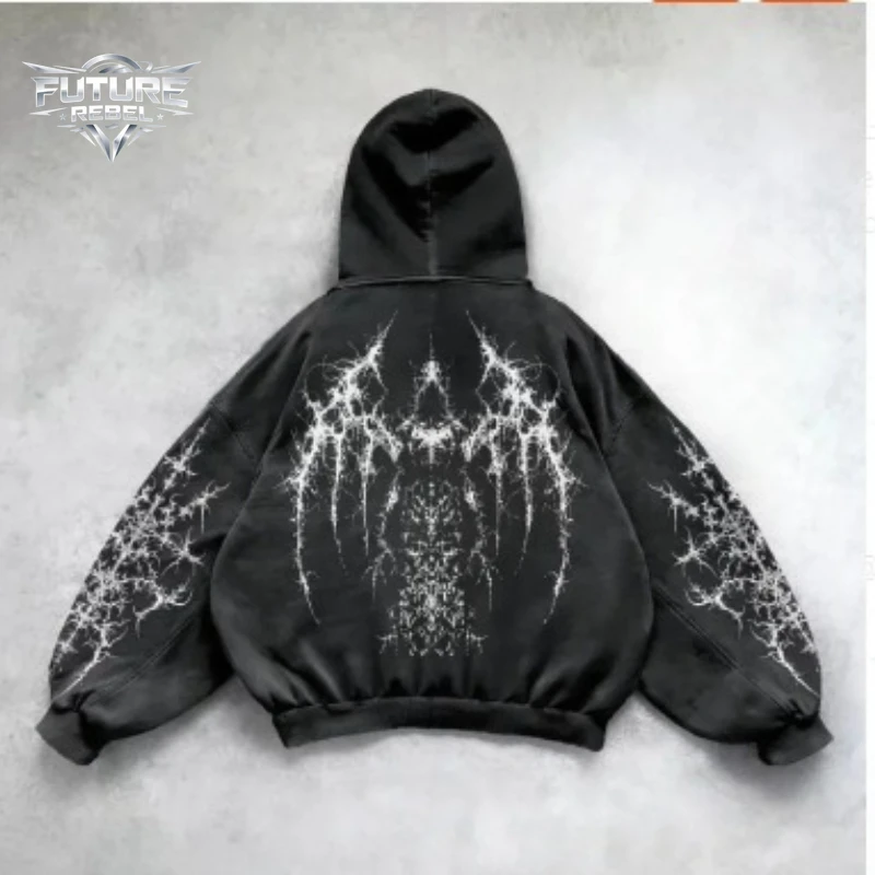High Street Gothic Washed Black Hoodie Unisex Y2k Grunge Dark Streetwear Hip Hop Loose Casual Pullover Harajuku Sweatshirt Tops