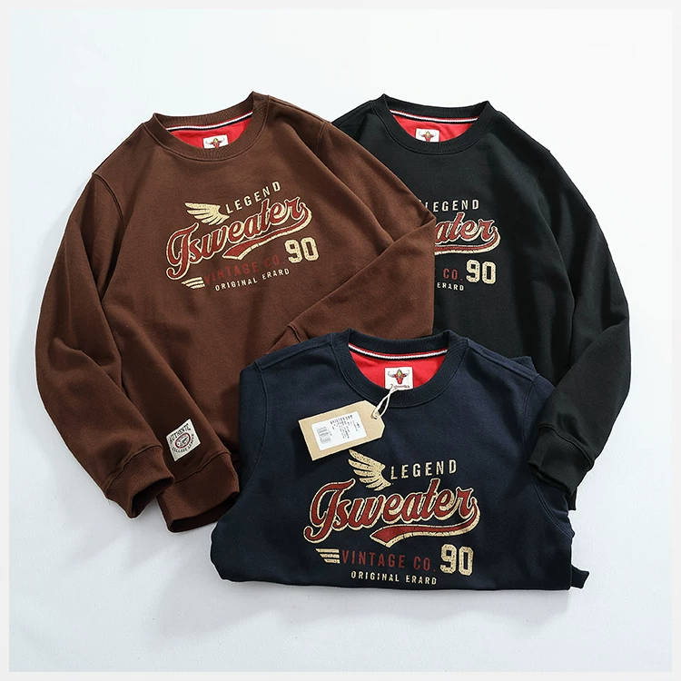 2024 Autumn New American Retro Long Sleeve O-neck Wing Letter Printed Sweatshirts Men's Fashion Terry Pullover Casual Sportwear