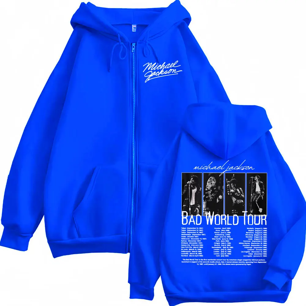 King of Pop Michael Jackson Bad World Tour Zip Up Hoodies Men Women Casual Fleece Sweatshirts Jacket Hip Hop Zipper Hooded Coats