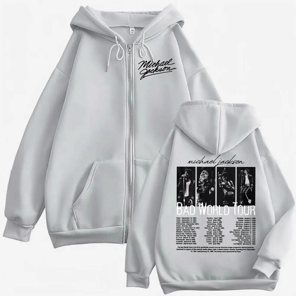 King of Pop Michael Jackson Bad World Tour Zip Up Hoodies Men Women Casual Fleece Sweatshirts Jacket Hip Hop Zipper Hooded Coats