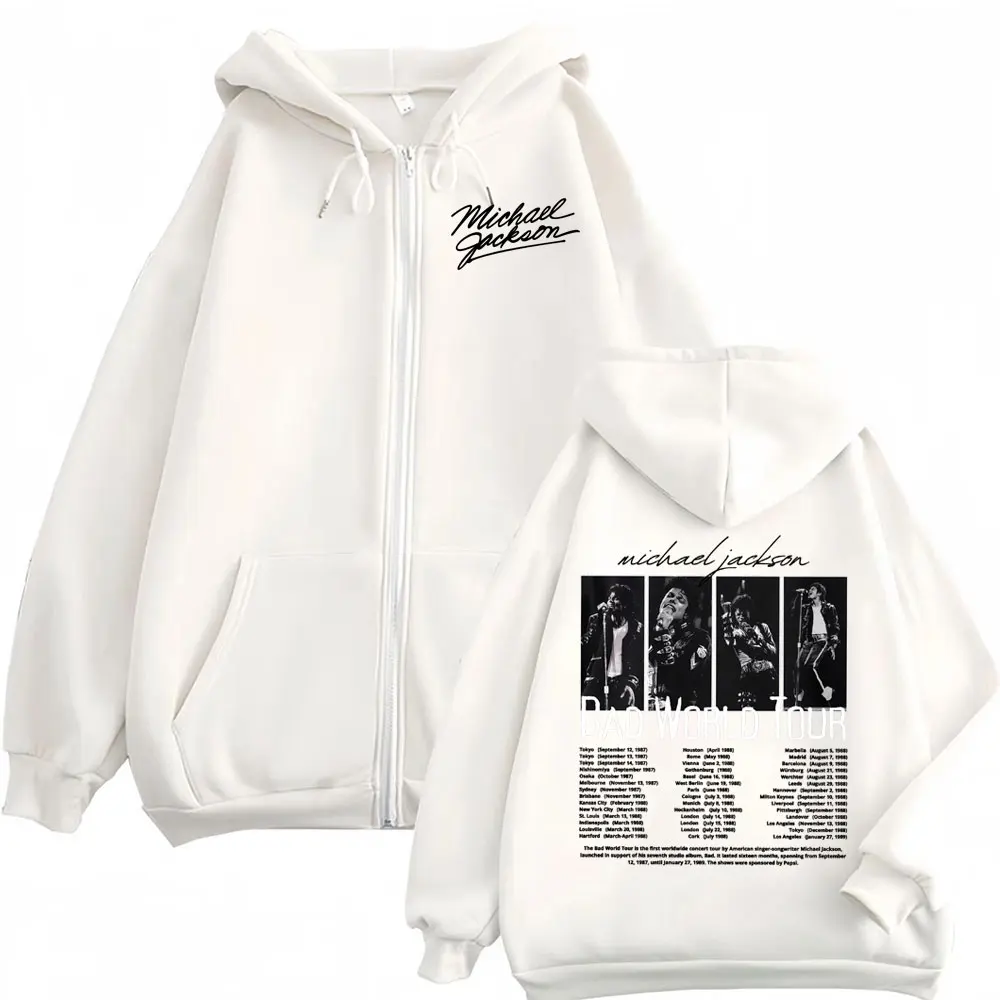 King of Pop Michael Jackson Bad World Tour Zip Up Hoodies Men Women Casual Fleece Sweatshirts Jacket Hip Hop Zipper Hooded Coats