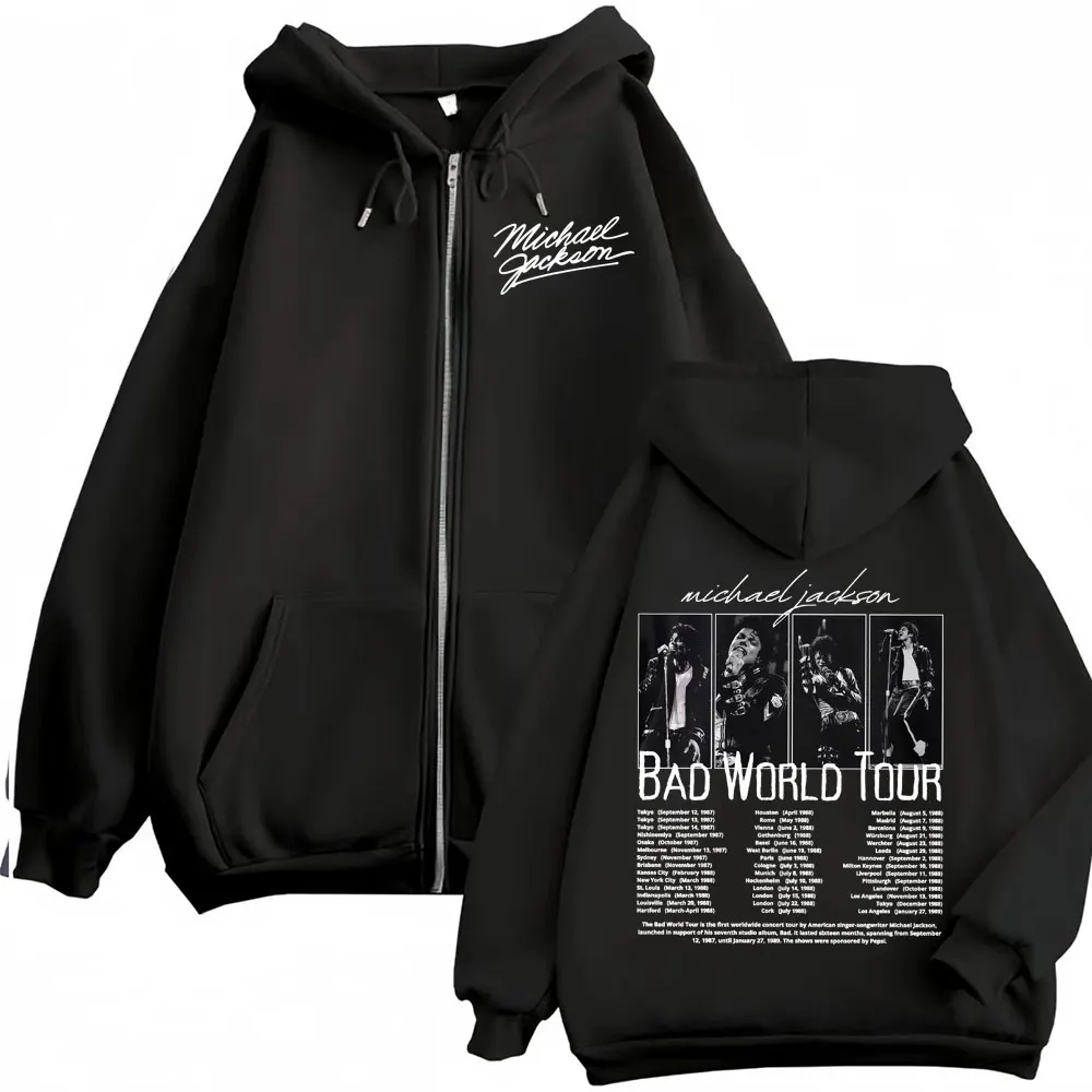 King of Pop Michael Jackson Bad World Tour Zip Up Hoodies Men Women Casual Fleece Sweatshirts Jacket Hip Hop Zipper Hooded Coats