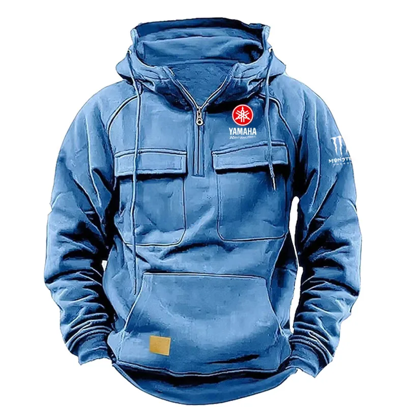 Yamaha Logo Men's Casual Hooded Sweatshirt New Style Outdoor Thick Fashionable Loose Long-Sleeved Pullover with Multiple Pockets