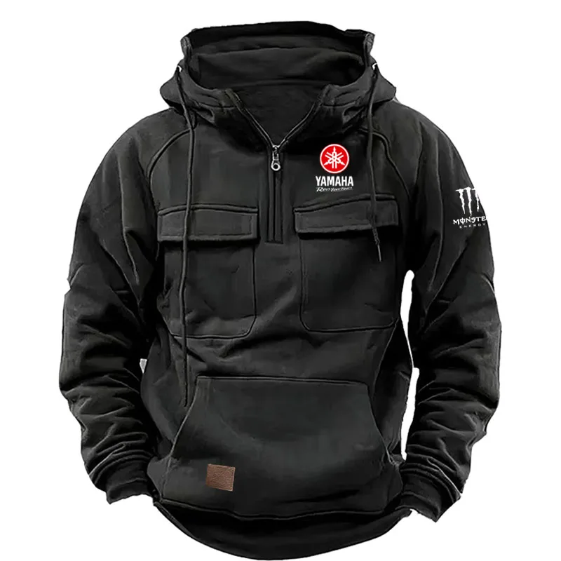 Yamaha Logo Men's Casual Hooded Sweatshirt New Style Outdoor Thick Fashionable Loose Long-Sleeved Pullover with Multiple Pockets