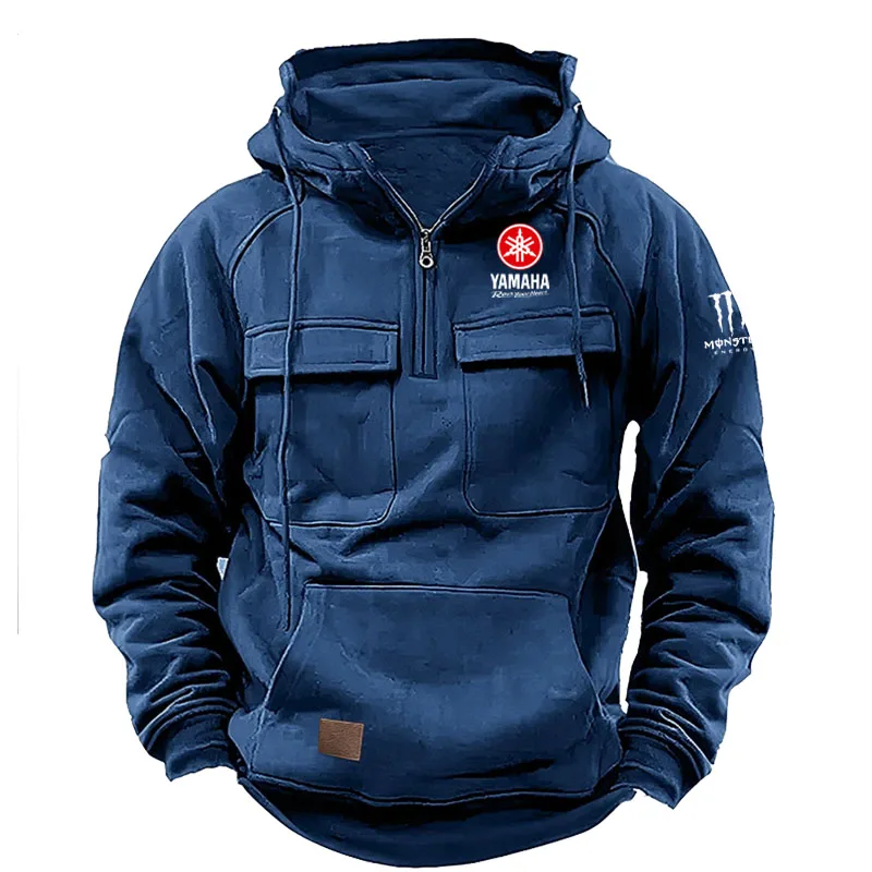 Yamaha Logo Men's Casual Hooded Sweatshirt New Style Outdoor Thick Fashionable Loose Long-Sleeved Pullover with Multiple Pockets