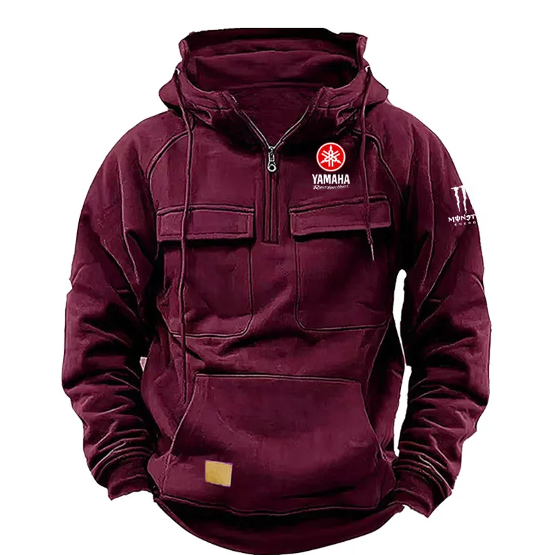 Yamaha Logo Men's Casual Hooded Sweatshirt New Style Outdoor Thick Fashionable Loose Long-Sleeved Pullover with Multiple Pockets