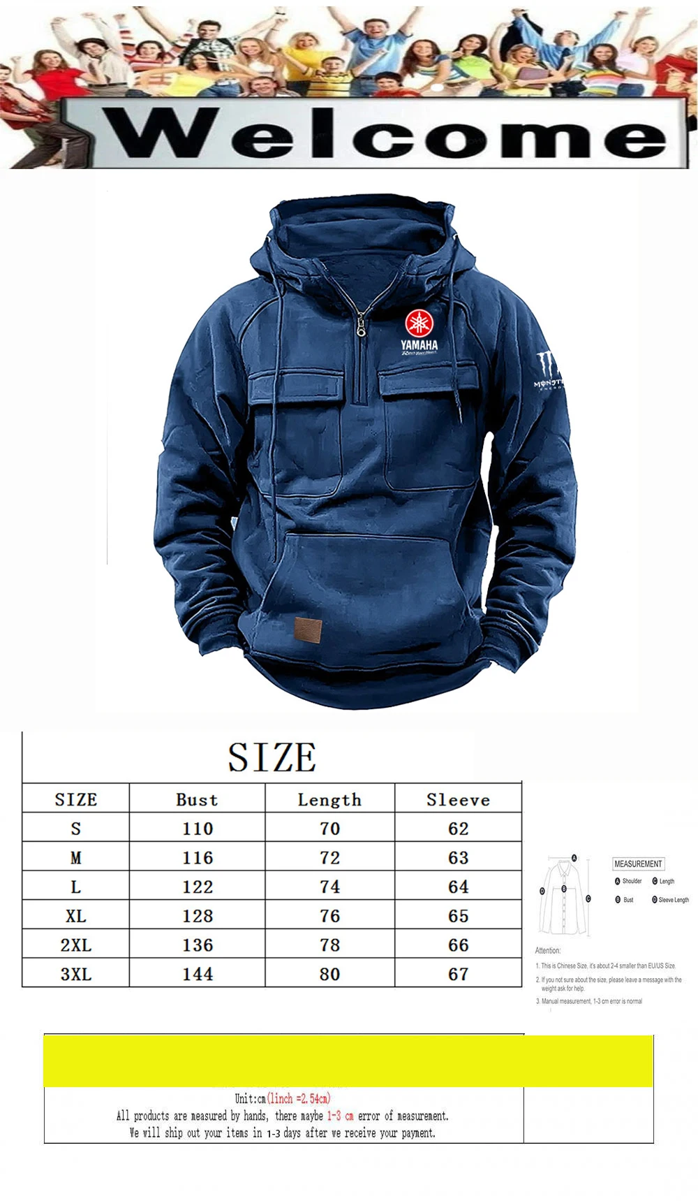 Yamaha Logo Men's Casual Hooded Sweatshirt New Style Outdoor Thick Fashionable Loose Long-Sleeved Pullover with Multiple Pockets