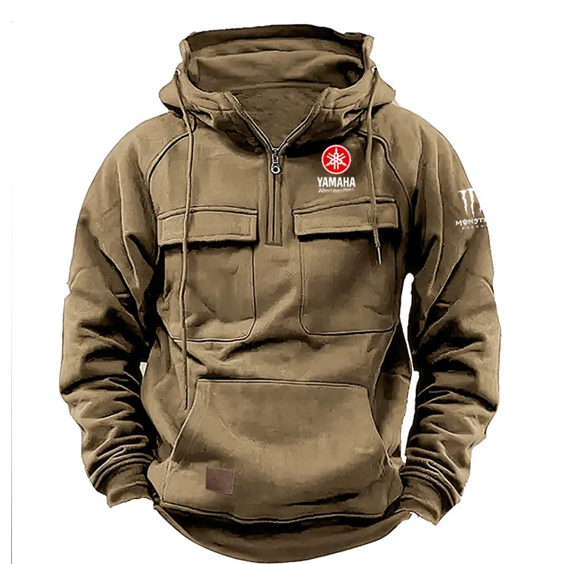 Yamaha Logo Men's Casual Hooded Sweatshirt New Style Outdoor Thick Fashionable Loose Long-Sleeved Pullover with Multiple Pockets