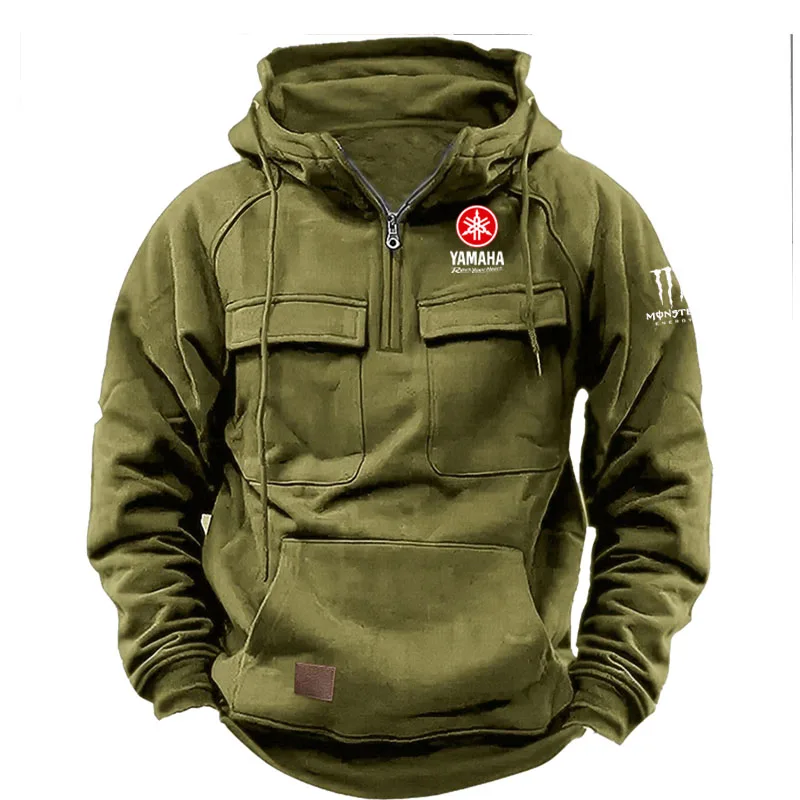 Yamaha Logo Men's Casual Hooded Sweatshirt New Style Outdoor Thick Fashionable Loose Long-Sleeved Pullover with Multiple Pockets