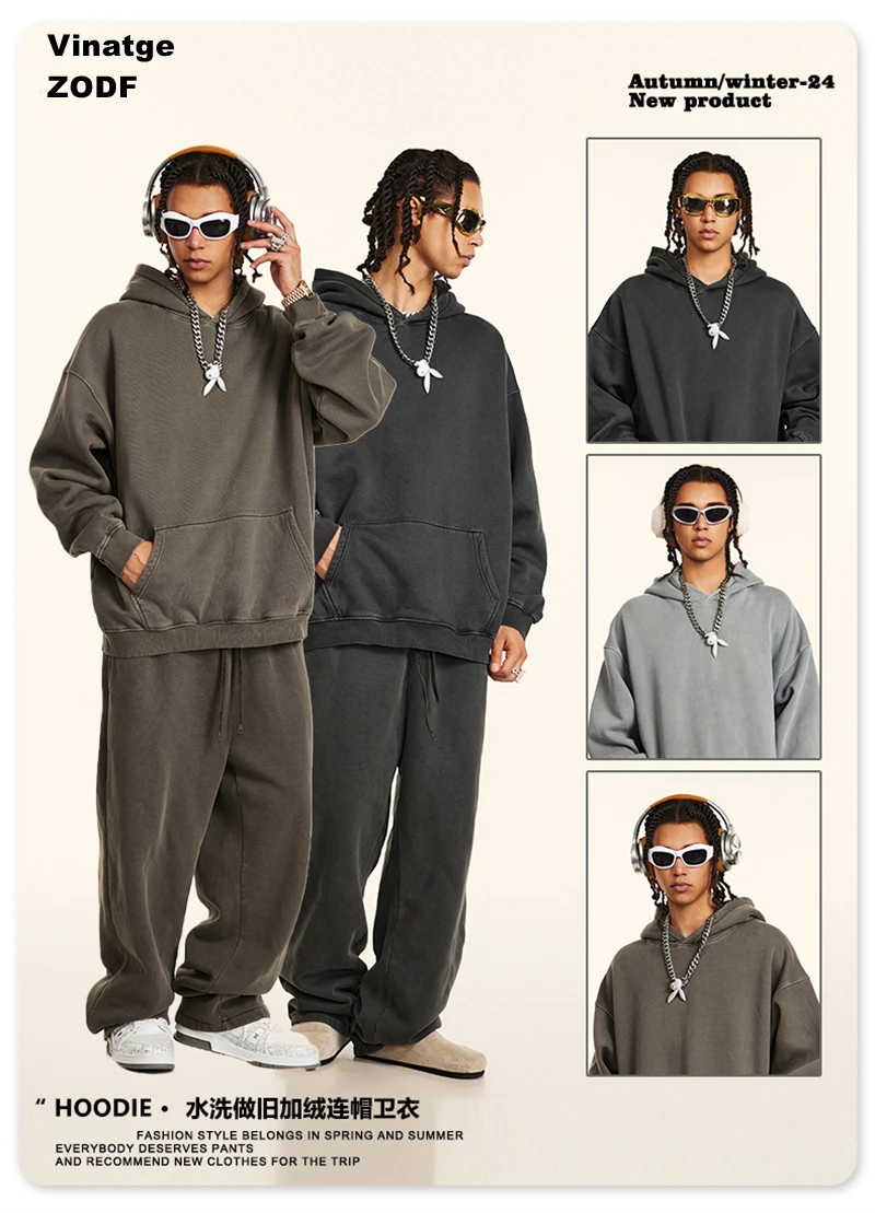 ZODF 2024 Winter Men's Washed Fleece Hoodies Unisex Women Retro Loose Warm 360gsm Hooded Pullovers Sweatshirts HY0870