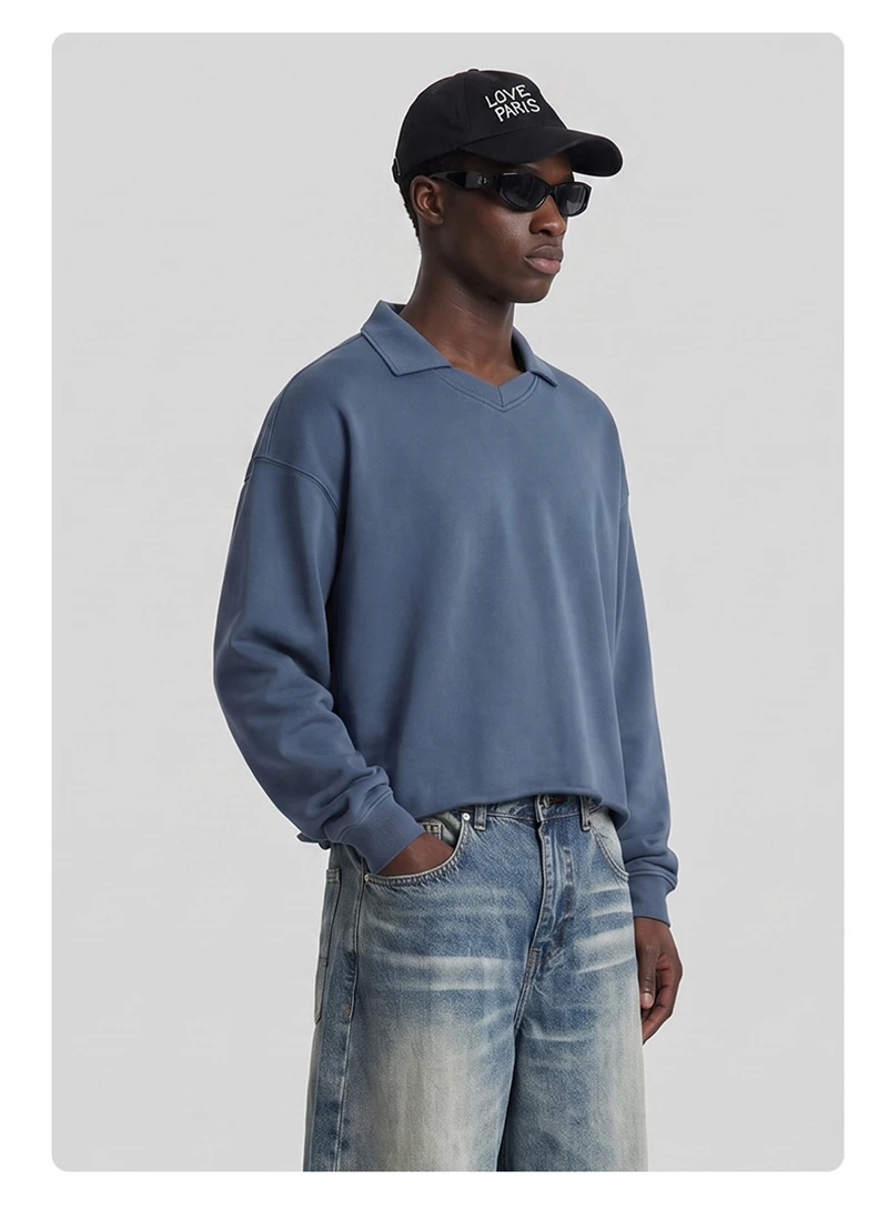 JMD Retro Autumn 380gsm Washed Cotton Boxyfit Sweatshirt For Man Unisex Old Money Style V Neck Turn Down Collar Pullovers QH0153