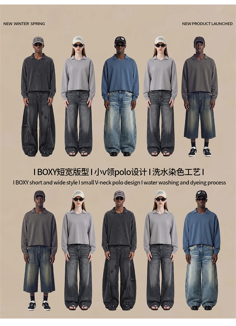 JMD Retro Autumn 380gsm Washed Cotton Boxyfit Sweatshirt For Man Unisex Old Money Style V Neck Turn Down Collar Pullovers QH0153