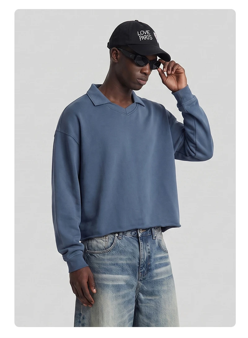 JMD Retro Autumn 380gsm Washed Cotton Boxyfit Sweatshirt For Man Unisex Old Money Style V Neck Turn Down Collar Pullovers QH0153