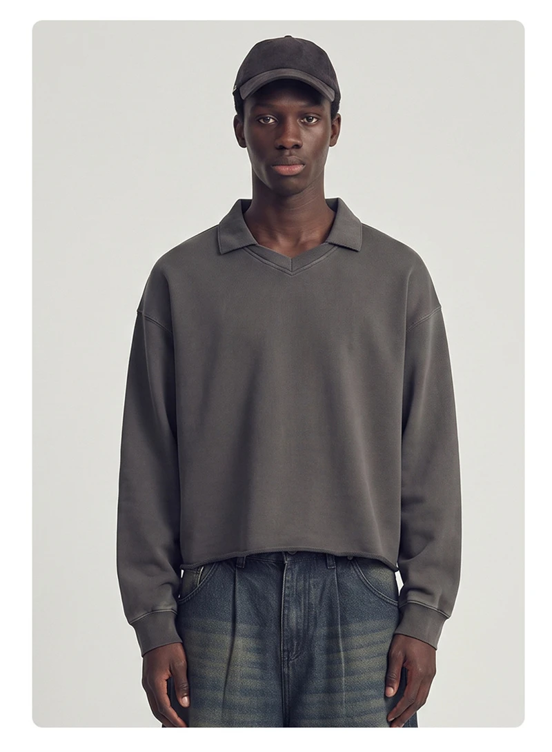JMD Retro Autumn 380gsm Washed Cotton Boxyfit Sweatshirt For Man Unisex Old Money Style V Neck Turn Down Collar Pullovers QH0153