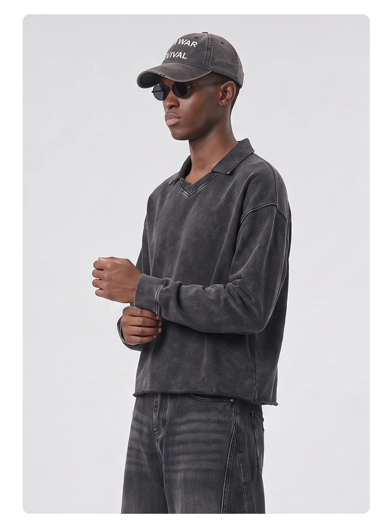 JMD Retro Autumn 380gsm Washed Cotton Boxyfit Sweatshirt For Man Unisex Old Money Style V Neck Turn Down Collar Pullovers QH0153