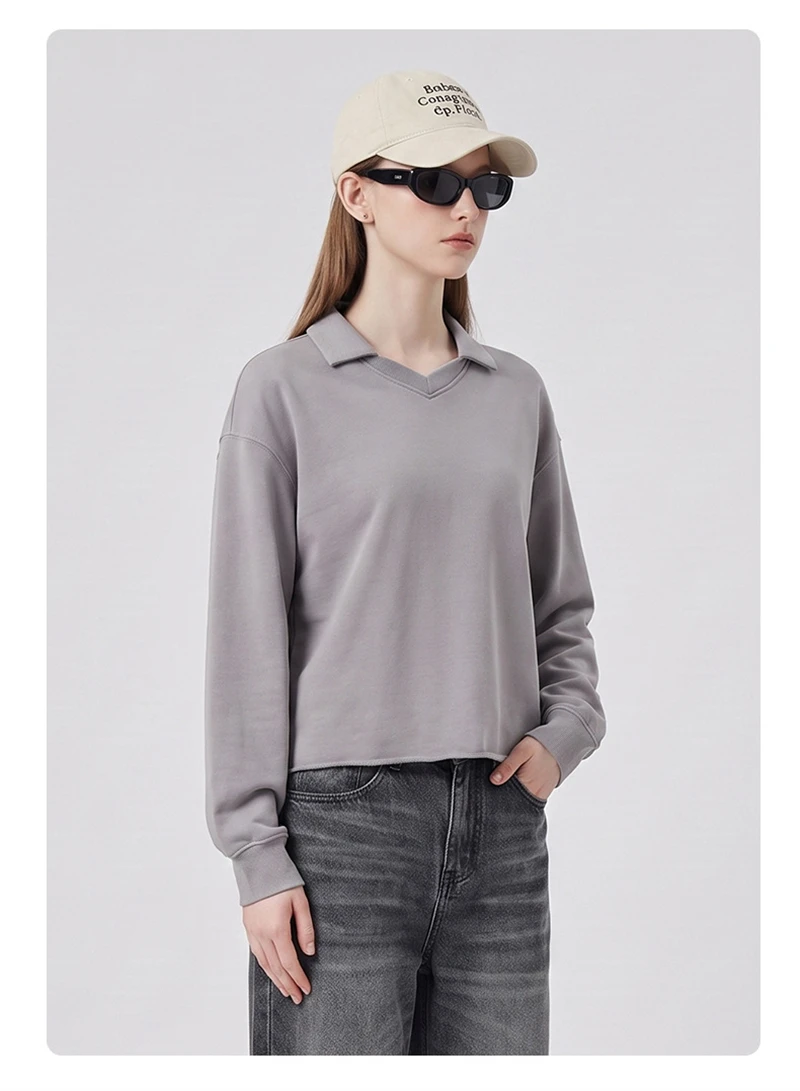 JMD Retro Autumn 380gsm Washed Cotton Boxyfit Sweatshirt For Man Unisex Old Money Style V Neck Turn Down Collar Pullovers QH0153