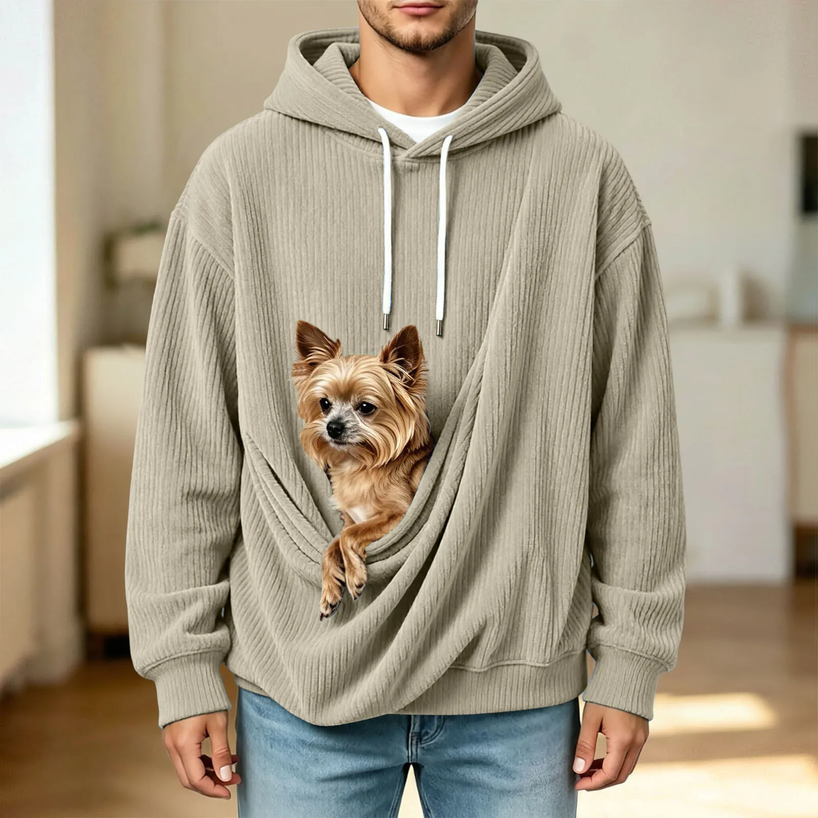Hooded Sweatshirts For Men Women Corduroy Cat And Dog Bag Hooded Sweatshirt Pocket Pet Bag Holder Pullover Hoodies Large Size