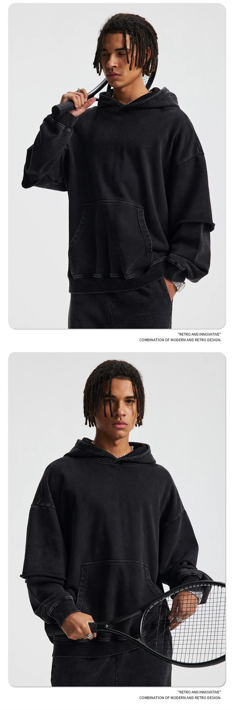 ZODF New Autumn Men's Washed Heavy Weight Cotton Hoodies Unisex Retro Fake 2 Peice 430gsm Loose Edge Hooded Pullovers HY1082