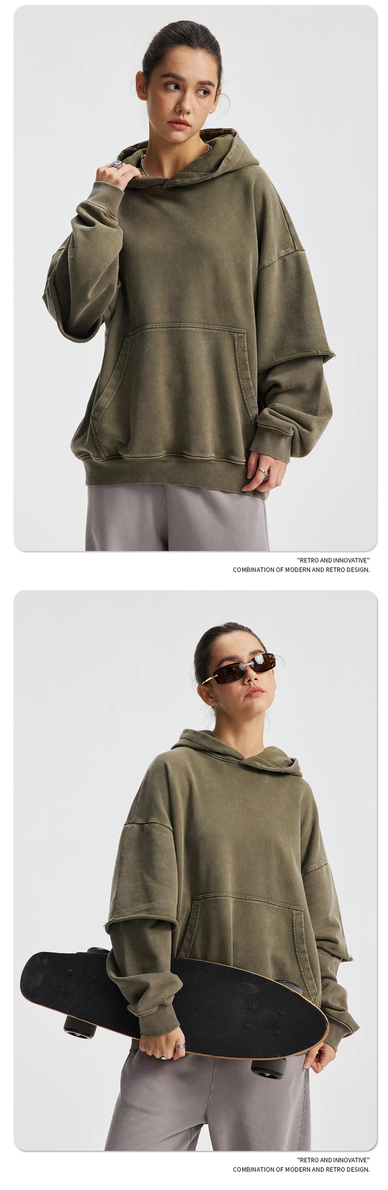 ZODF New Autumn Men's Washed Heavy Weight Cotton Hoodies Unisex Retro Fake 2 Peice 430gsm Loose Edge Hooded Pullovers HY1082