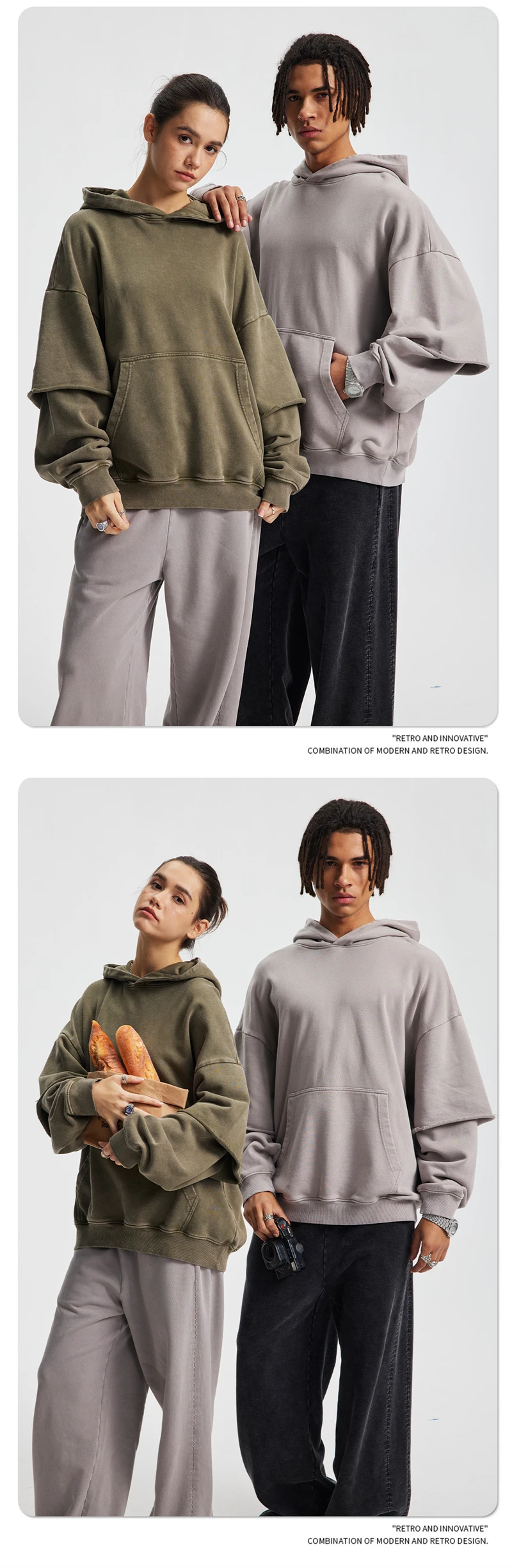 ZODF New Autumn Men's Washed Heavy Weight Cotton Hoodies Unisex Retro Fake 2 Peice 430gsm Loose Edge Hooded Pullovers HY1082